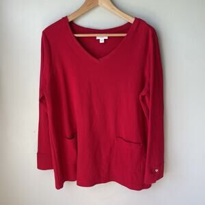 J Jill Womens Red ribbed V-Neck Long Sleeve Top Pockets Size Large Scarlet‎ Red